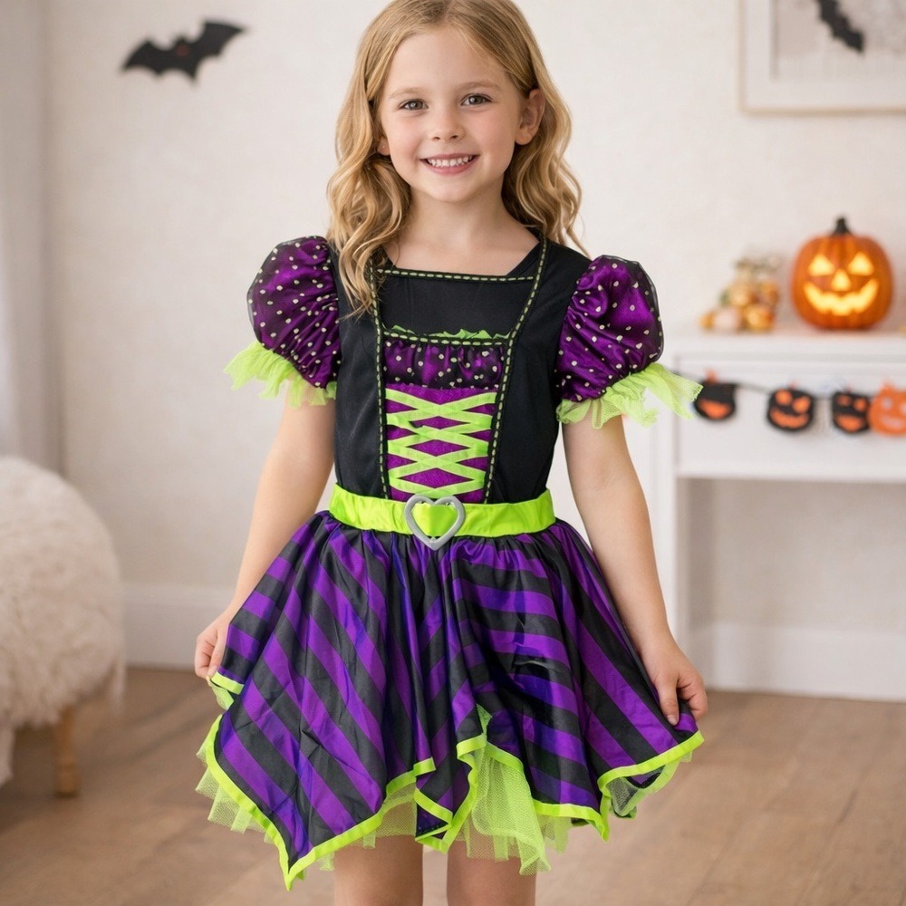 Witch Costume Halloween‎ Dress Girls Size S (6/6X) Purple Black Green Heart Belt